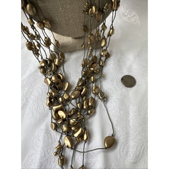 Chicos Olive Green Matte Gold Tone 23" Long Bead Statement Necklace NEW - Picture 8 of 13